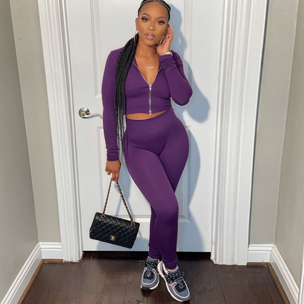 Solid color top long sleeve zipper open navel trousers tight casual sports suit