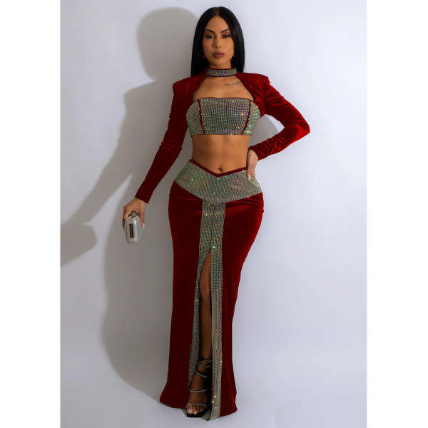 Fashion women's solid color hot drilling long sleeved skirt short shirt two-piece set
