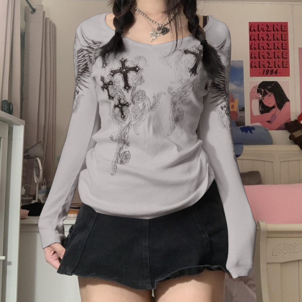 Slim fitting hot drill printed round neck temperament commuter multi-color long sleeve bottoming shirt