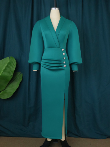 Pleated design lantern sleeve hip wrap one-step skirt