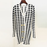Fashionable new V-neck metal button thousand bird grid jacquard long sleeve dress
