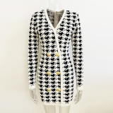 Fashionable new V-neck metal button thousand bird grid jacquard long sleeve dress