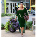 Fashion women's solid diagonal collar long sleeve metal chain belt dress