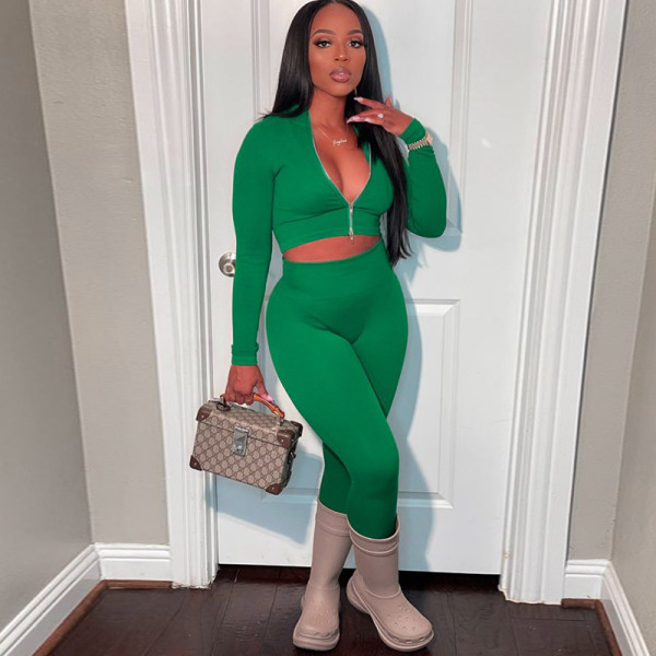 Solid color top long sleeve zipper open navel trousers tight casual sports suit