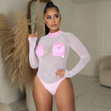 Round neck pocket mesh perspective women's one-piece suit