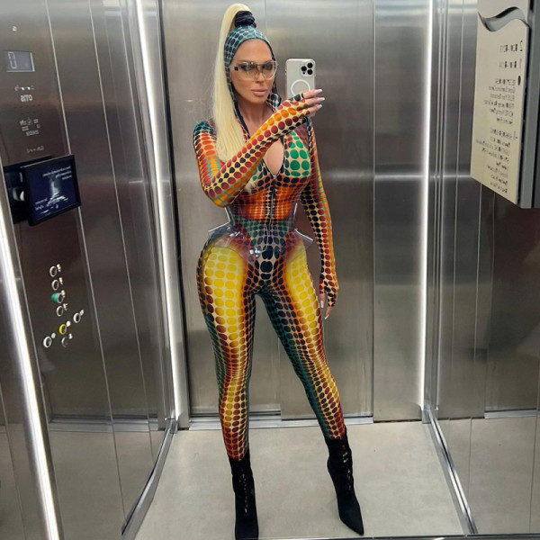 Hooded zipper long sleeve mitten tight one-piece jumpsuit