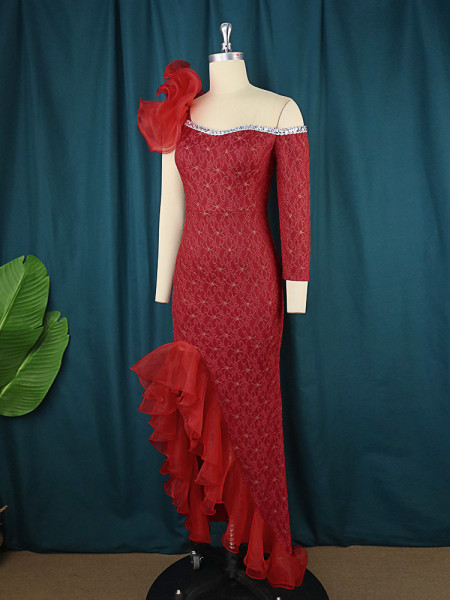 Mesh Splice Diagonal Neck Dress Designer Style One Sleeve Diagonal Wooden Ear Rim Dress
