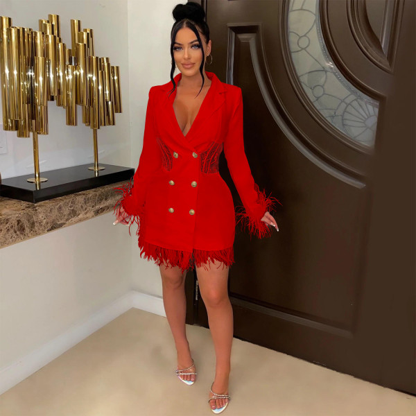 Fashion Women's V-neck Long Sleeve Double breasted Tassel Hollow out Dress