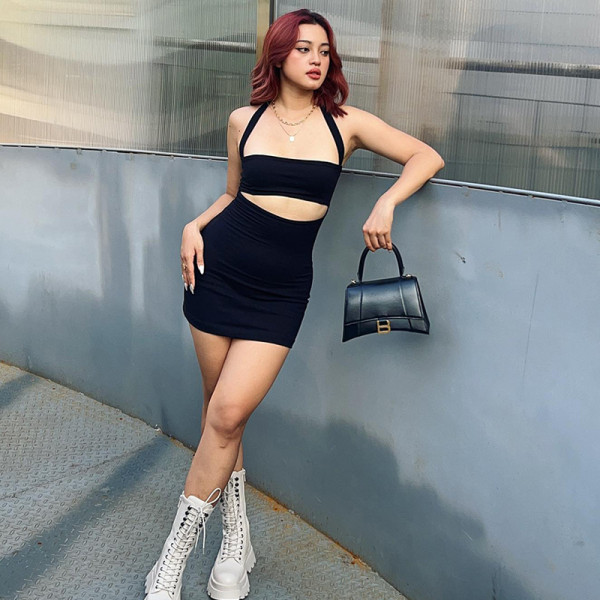 Off the shoulder neck wrap chest sleeveless cut out hot girl hip wrap skirt