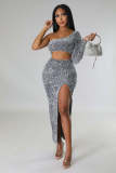 One shoulder fashion sequins sexy open cut buttocks women's dress