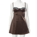 Solid backless suspender lace casual short dress
