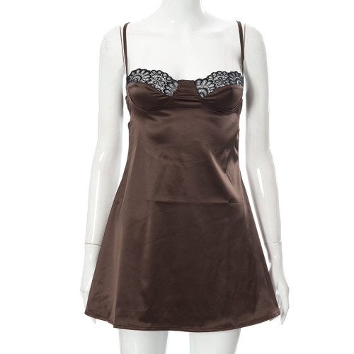 Solid backless suspender lace casual short dress