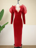 Designer V Neck Low cut Sexy Dress Mesh Panel High Waist Slim Long Dress
