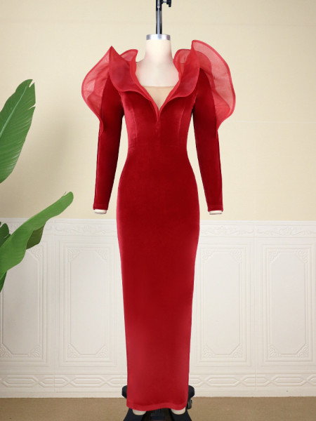 Designer V Neck Low cut Sexy Dress Mesh Panel High Waist Slim Long Dress