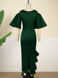 U-neck flare sleeve dress with low cut and high waist banquet dress