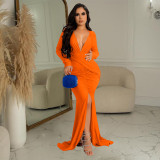 Fashion Women's Solid V-Neck Long Sleeve Dress Pleated Dress