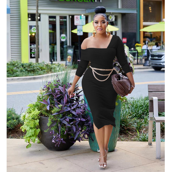Fashion women's solid diagonal collar long sleeve metal chain belt dress