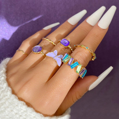 Personalized, fashionable, light and luxurious, purple diamond ring, adjustable ring, 7-piece set