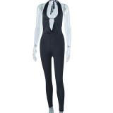 Fashion sexy tight V-neck sleeveless neck neck open back hip lifting solid color sports casual one-piece trousers