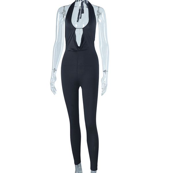 Fashion sexy tight V-neck sleeveless neck neck open back hip lifting solid color sports casual one-piece trousers