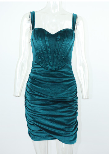 Golden velvet suspender dress with fishbone like design for female, with pleated waist and buttocks