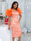 Oversize small design sleeve splicing printing buttocks skirt mid length party dress dress