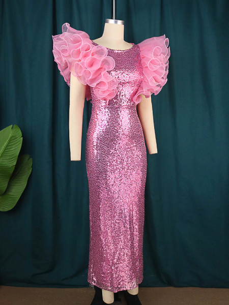 New Fantasy Sequins Round Neck Dress Birthday Party Sexy Celebrity Sleeveless One Step Dress