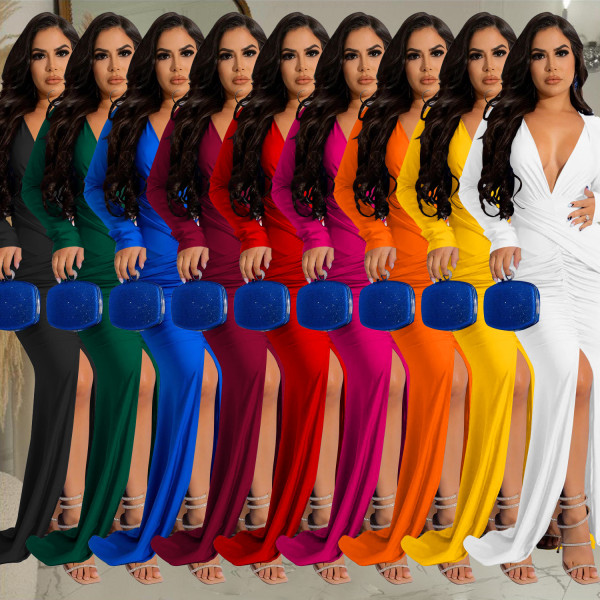 Fashion Women's Solid V-Neck Long Sleeve Dress Pleated Dress