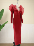 Designer V Neck Low cut Sexy Dress Mesh Panel High Waist Slim Long Dress
