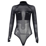 Round neck pocket mesh perspective women's one-piece suit