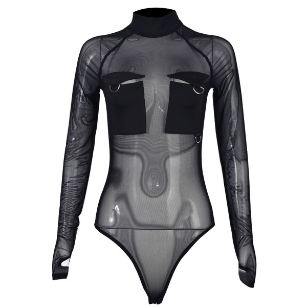 Round neck pocket mesh perspective women's one-piece suit