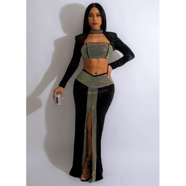 Fashion women's solid color hot drilling long sleeved skirt short shirt two-piece set