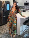 Sexy printed shirt wide leg pants fashionable casual two-piece set