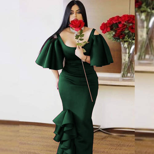 U-neck flare sleeve dress with low cut and high waist banquet dress