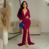 Fashion Women's Solid V-Neck Long Sleeve Dress Pleated Dress