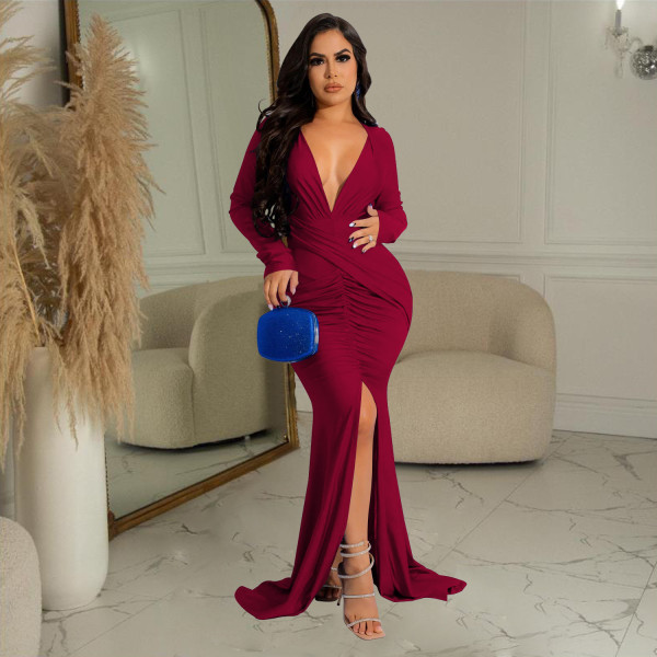 Fashion Women's Solid V-Neck Long Sleeve Dress Pleated Dress