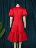Fashionable V-neck perspective meat covered bubble sleeve A-line skirt for daily commuting high waist slim dress