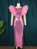New Fantasy Sequins Round Neck Dress Birthday Party Sexy Celebrity Sleeveless One Step Dress