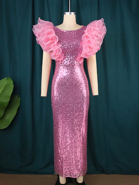 New Fantasy Sequins Round Neck Dress Birthday Party Sexy Celebrity Sleeveless One Step Dress