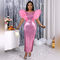 New Fantasy Sequins Round Neck Dress Birthday Party Sexy Celebrity Sleeveless One Step Dress