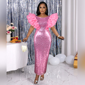 New Fantasy Sequins Round Neck Dress Birthday Party Sexy Celebrity Sleeveless One Step Dress