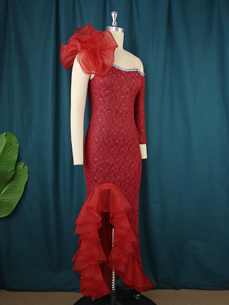 Mesh Splice Diagonal Neck Dress Designer Style One Sleeve Diagonal Wooden Ear Rim Dress
