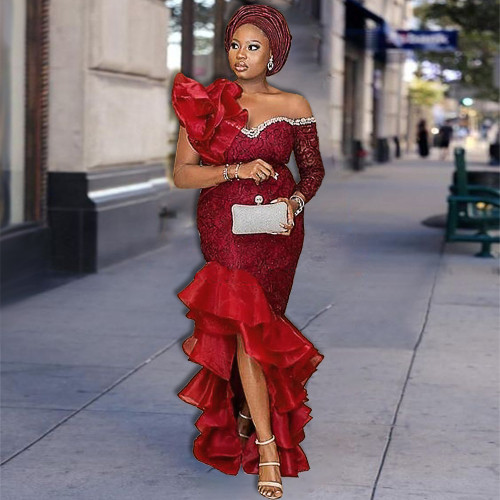 Mesh Splice Diagonal Neck Dress Designer Style One Sleeve Diagonal Wooden Ear Rim Dress