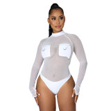 Round neck pocket mesh perspective women's one-piece suit
