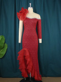 Mesh Splice Diagonal Neck Dress Designer Style One Sleeve Diagonal Wooden Ear Rim Dress