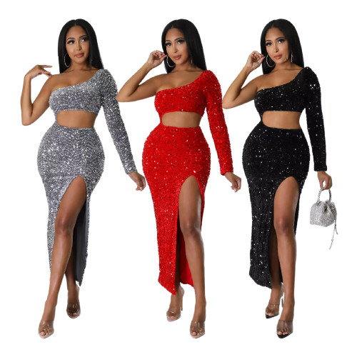 One shoulder fashion sequins sexy open cut buttocks women's dress