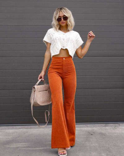 Women's solid color high waist slim micro flare pants corduroy high waist casual pants