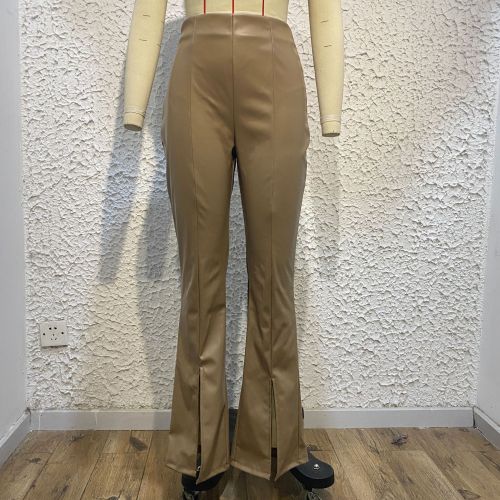 High waist fashion temperament slim sexy casual split pu leather pants casual pants