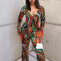 Sexy printed shirt wide leg pants fashionable casual two-piece set