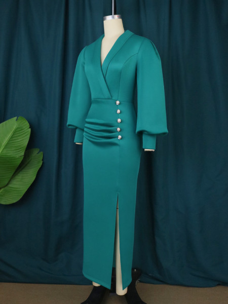 Pleated design lantern sleeve hip wrap one-step skirt